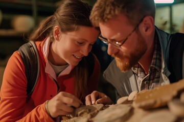 couple examining stone age pottery shards