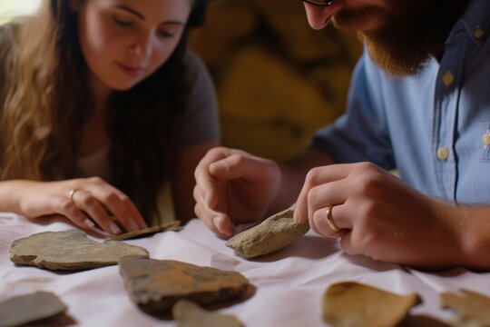 couple examining stone age pottery shards - Powered by Adobe