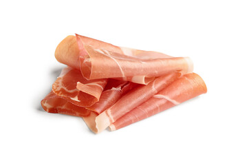 Slices of tasty prosciutto on white background