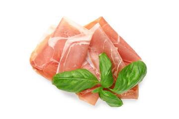 Fototapeta na wymiar Slices of tasty prosciutto with basil on white background