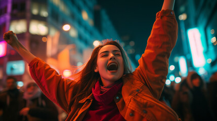 Obraz premium image of women in action in the middle of a big city, colorful shades and spotlights create a cheerful and strong atmosphere, AI generated images