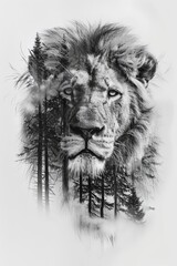 Majestic Lion Double Exposure with Forest