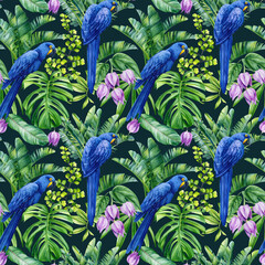 watercolor seamless pattern Palm leaves, Jungle monstera, banana leaf, flowers, blue bird parrot. Tropical green plant © Hanna