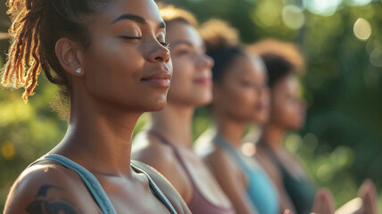 A Group Of Women Are Practicing Yoga In A Park - obrazy, fototapety, plakaty