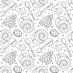 Seamless pattern with tea, coffee, pastries and sweets. Doodle style vector. - 729869469