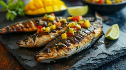 A smoky and flavorful grilled mackerel, with a side of spicy mango salsa, on a slate serving board
