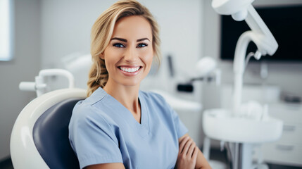 Fototapeta premium Portrait Of Beautiful Professional female dentist In Dental Clinic. 