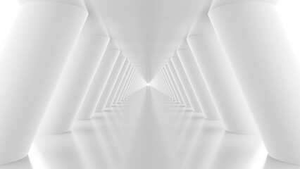 Futuristic empty white corridor with columns and bright light. Seamless looping animation