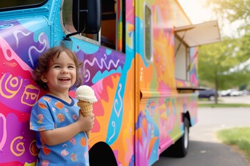 child with ice cream by a colorful food truck