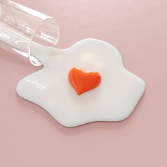 Closeup Orange color heart shape  middle pouring milk glass. Creative idea concept. 3D Rendering. - 729870499