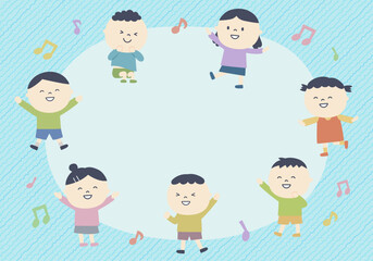 リズムに合わせて体を動かす子供たちとコピースペース