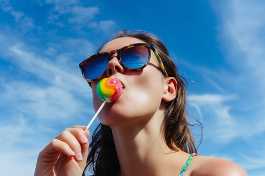 lady in sunglasses licking rainbow lollipop, blue sky behind