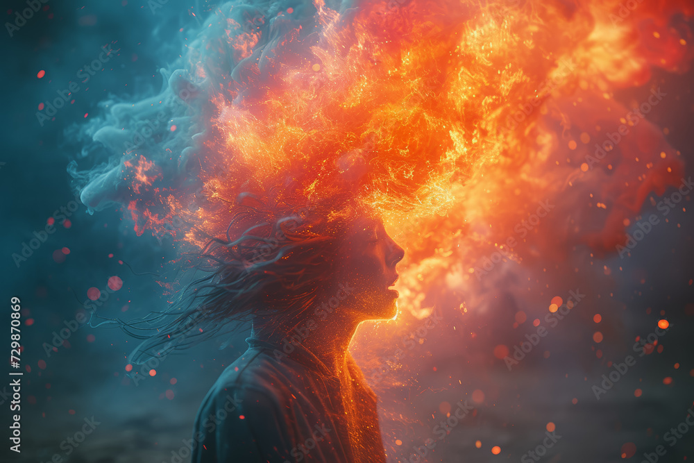 Poster a dynamic burst of color emanating from an individual's head, symbolizing the explosive emergence of