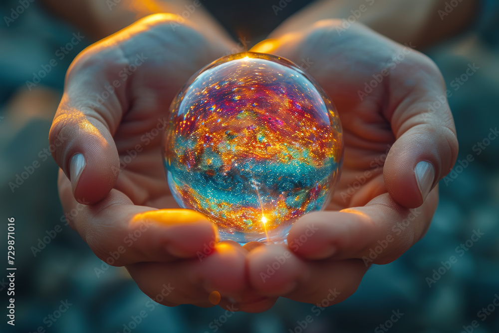 Aufkleber A vivid kaleidoscope turning in an individual's hands, representing the endless possibilities and perspectives within an idea. Concept of idea diversity. Generative Ai.