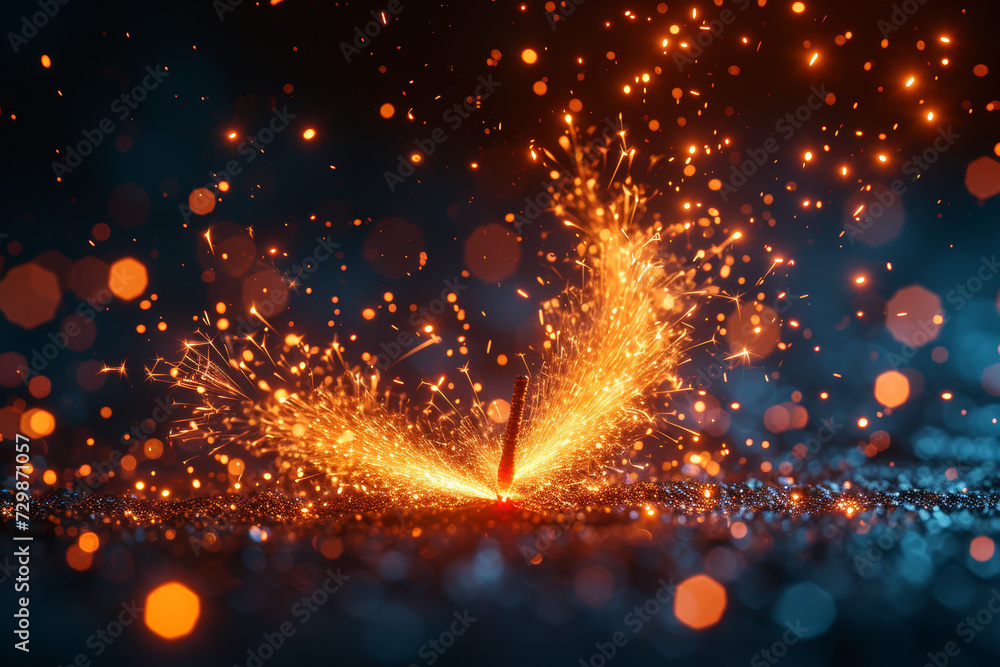 Poster a spark igniting a chain reaction of fireworks, symbolizing the catalytic effect of a single idea on