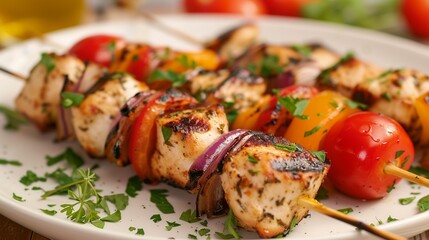 A vibrant dish of grilled chicken kebabs with tomatoes, onions, and peppers on skewers