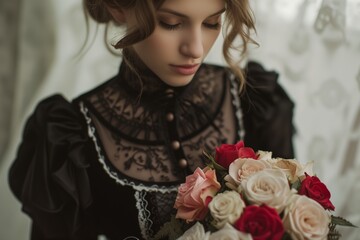 female in a victorian outfit holding a bouquet of roses
