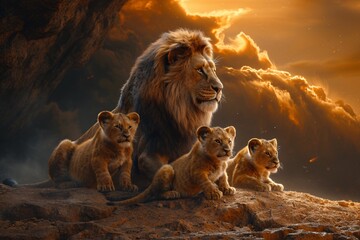 Lion King - A lion and his cubs in a sunset scene, reminiscent of the popular animated movie. Generative AI - obrazy, fototapety, plakaty