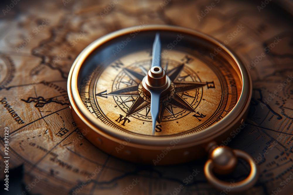 Poster a compass pointing in multiple directions, illustrating the exploration and navigation of innovative
