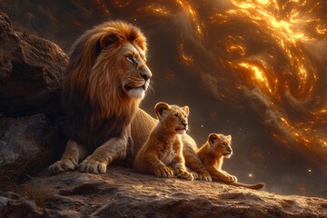 Lion Family Photo Shoot A Candid Moment with the Lion King and His Cubs Generative AI - obrazy, fototapety, plakaty