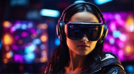 Virtual World. A woman explores a fantastical virtual world with AR vision pro glasses and a VR headset in a glowing gaming studio.