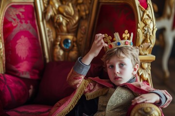 kid wearing a crown with a royal throne chair