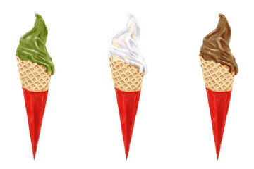 Set of ice cream cones isolated Hand drawn illustration on a transparent background