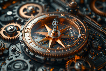 A compass rose surrounded by gears, highlighting the navigational precision and mechanical intricacy involved in steering creative ideas. Concept of precision ideation. Generative Ai. - obrazy, fototapety, plakaty