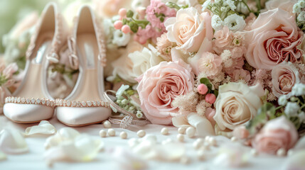 A beautiful arrangement of roses with shoe surrounded by wedding fresh floral decoration a touch of wedding elegance. Decorative gifting beautifully for a celebration. Generative AI
