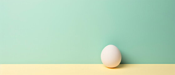 White egg with shimmering shell on mint green surface against soft background.