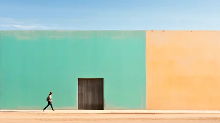 Gordijnen Person walking past a colorful wall with a door in a vibrant urban setting © Breezze