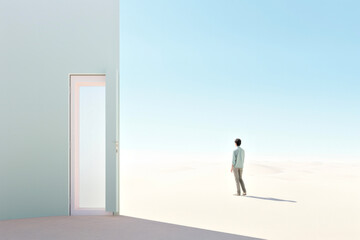 Solitary Figure Standing in Endless Desert Landscape Next to Mysterious Doorway Under Clear Sky