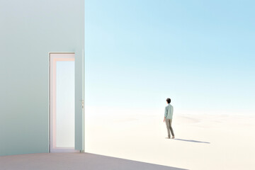 Fototapeta premium Solitary Figure Standing in Endless Desert Landscape Next to Mysterious Doorway Under Clear Sky