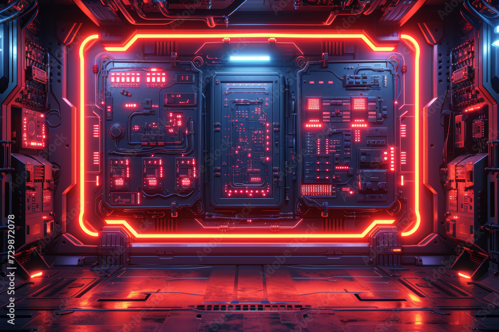 Poster front view of a futuristic digital screen with abstract patterns on the sides, offering a high-tech 