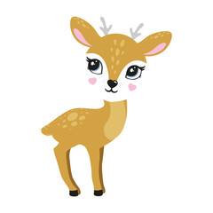 Illustration of cute deer, fawn. Baby, child, cute portrait. Little face, little animal, pet. Brown character, colorful graphic. Stickers, wall art, kids room decoration, cutie full face, small fawn