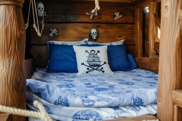 pirate ship bed with blue and white sheets