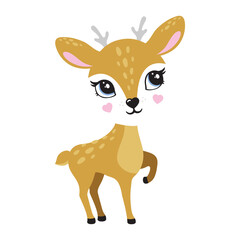 Illustration of cute deer, fawn. Baby, child, cute portrait. Little face, little animal, pet. Brown character, colorful graphic. Stickers, wall art, kids room decoration, cutie full face, small fawn