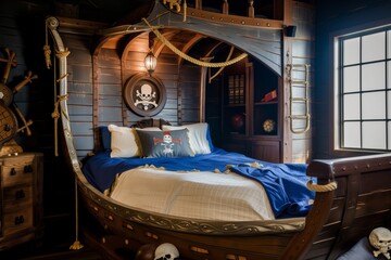 pirate ship bed with blue and white sheets