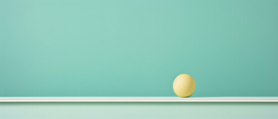 Perfectly balanced yellow sphere on minimal shelf against green background