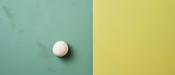 White ping pong ball on blue and yellow split background. Isolated on two-tone color background.