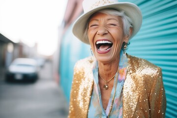 trendy senior woman in a glittery outfit laughing - obrazy, fototapety, plakaty