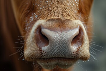 Close-Up of Cow Nose with Water Droplets, Extreme close-up of a cow's wet nose adorned with delicate water droplets, highlighting detailed textures.