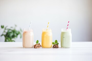trio of detox smoothies in gradient colors, fresh ingredients