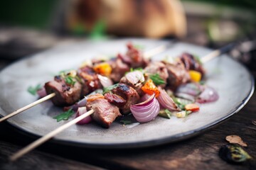mutton kebabs on skewers with onions - obrazy, fototapety, plakaty