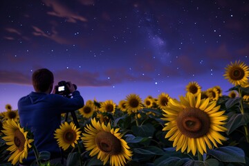 man with a camera on a tripod capturing the starry sky over sunflowers