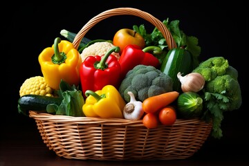 Colorful assortment of freshly harvested vegetables arranged in a charming rustic woven basket