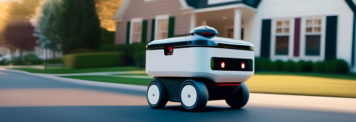 Robot drone grocery delivery man driving along the road in the city. A delivery robot delivers orders. Modern Technology Concept