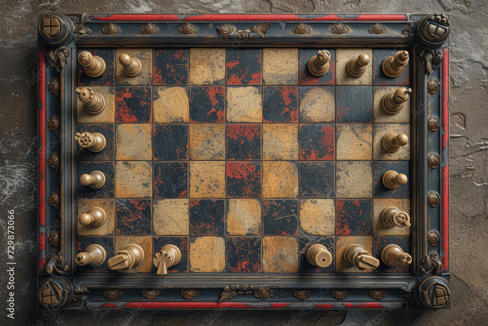 Poster an overhead view of a chessboard with pieces arranged on the sides, leaving an open center for text.