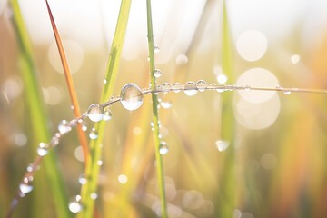close-up of dew drops on feather reed grass blades - obrazy, fototapety, plakaty