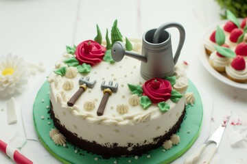 Obraz na płótnie Canvas cake with icing garden tools and a fondant watering can on top